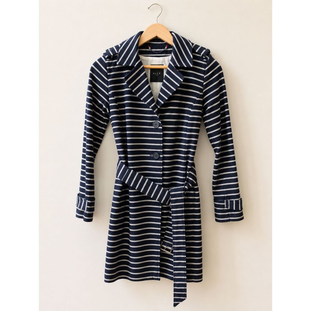 Talbots Petite Nautical Trench Coat Women's Petite P Navy White Striped Belted